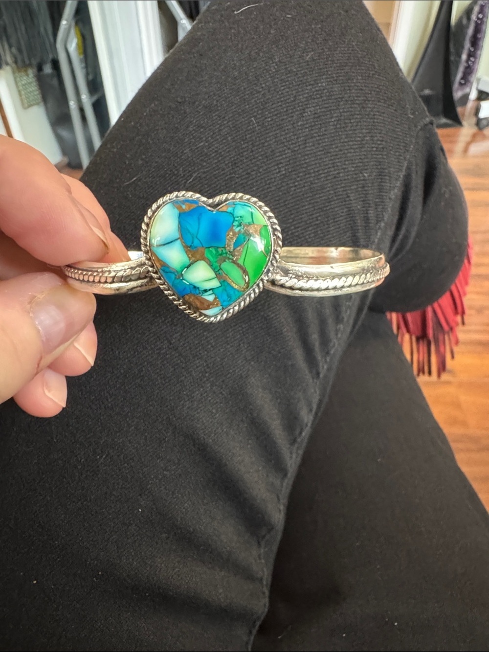 Peacock Dahlia turquoise Handmade Heart Inlay Silver Cuff Bracelet - Green Blue